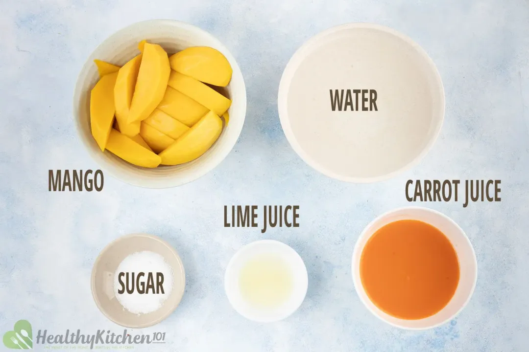 Ingredients: mango slices, water, sugar, lime juice, and carrot juice put in separate bowls