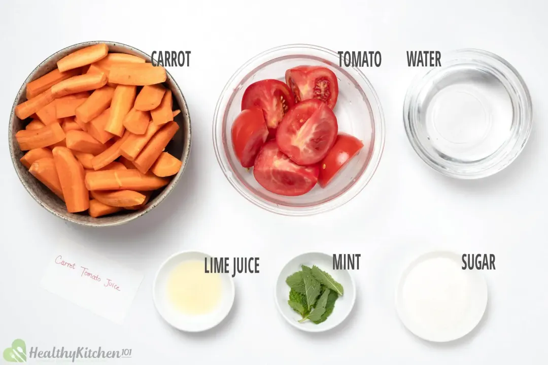 Ingredients: sliced carrots, quarter tomatoes, water, lime juice, mint sprigs, and sugar, in different bowls