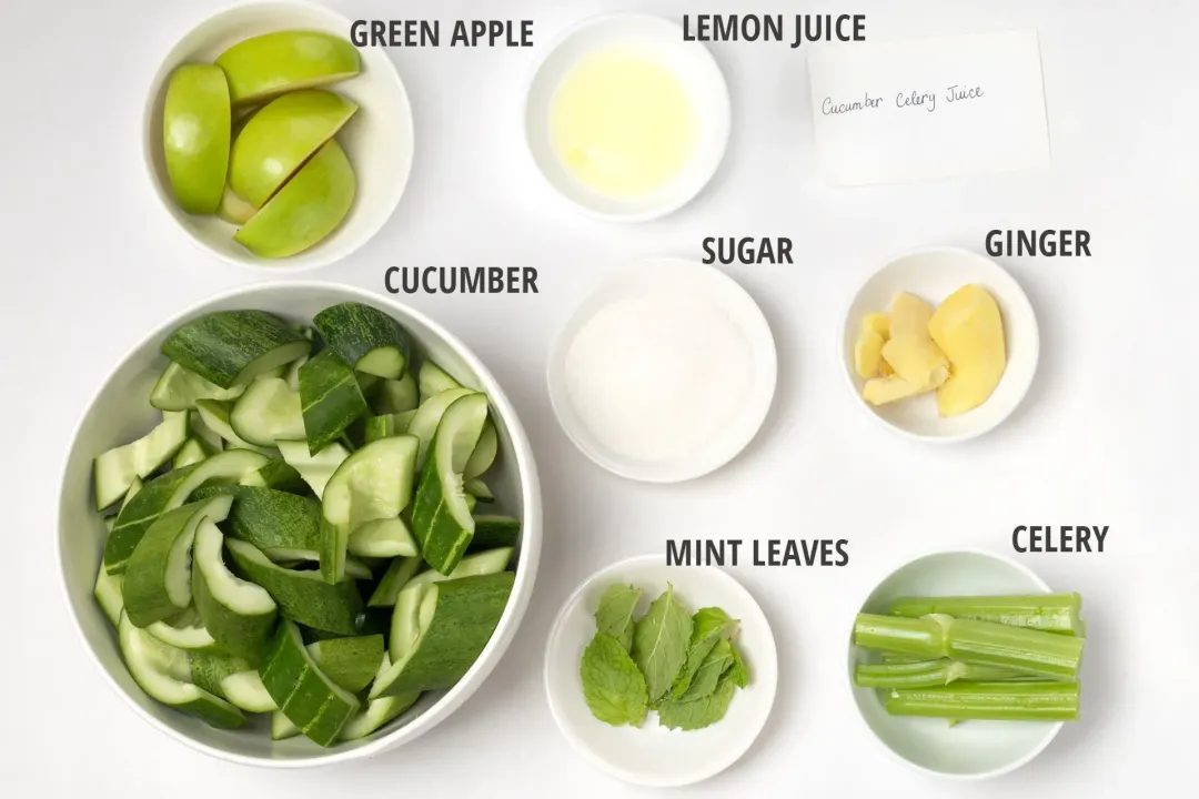 Ingredients in separate bowls: chunked cucumbers, quartered green apples, lemon juice, sugar, celery stalks, ginger slices, and mints