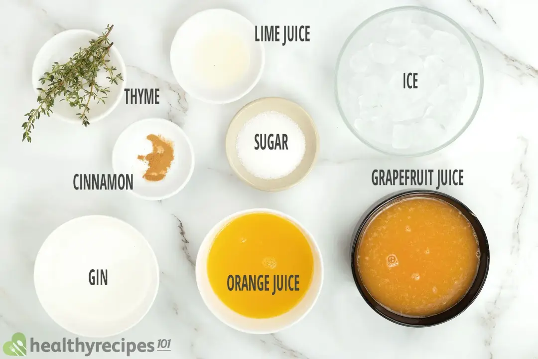Ingredients in separate bowls: thyme sprigs, lime juice, cinnamon powder, sugar, ice nuggets, grapefruit juice, orange juice, and gin