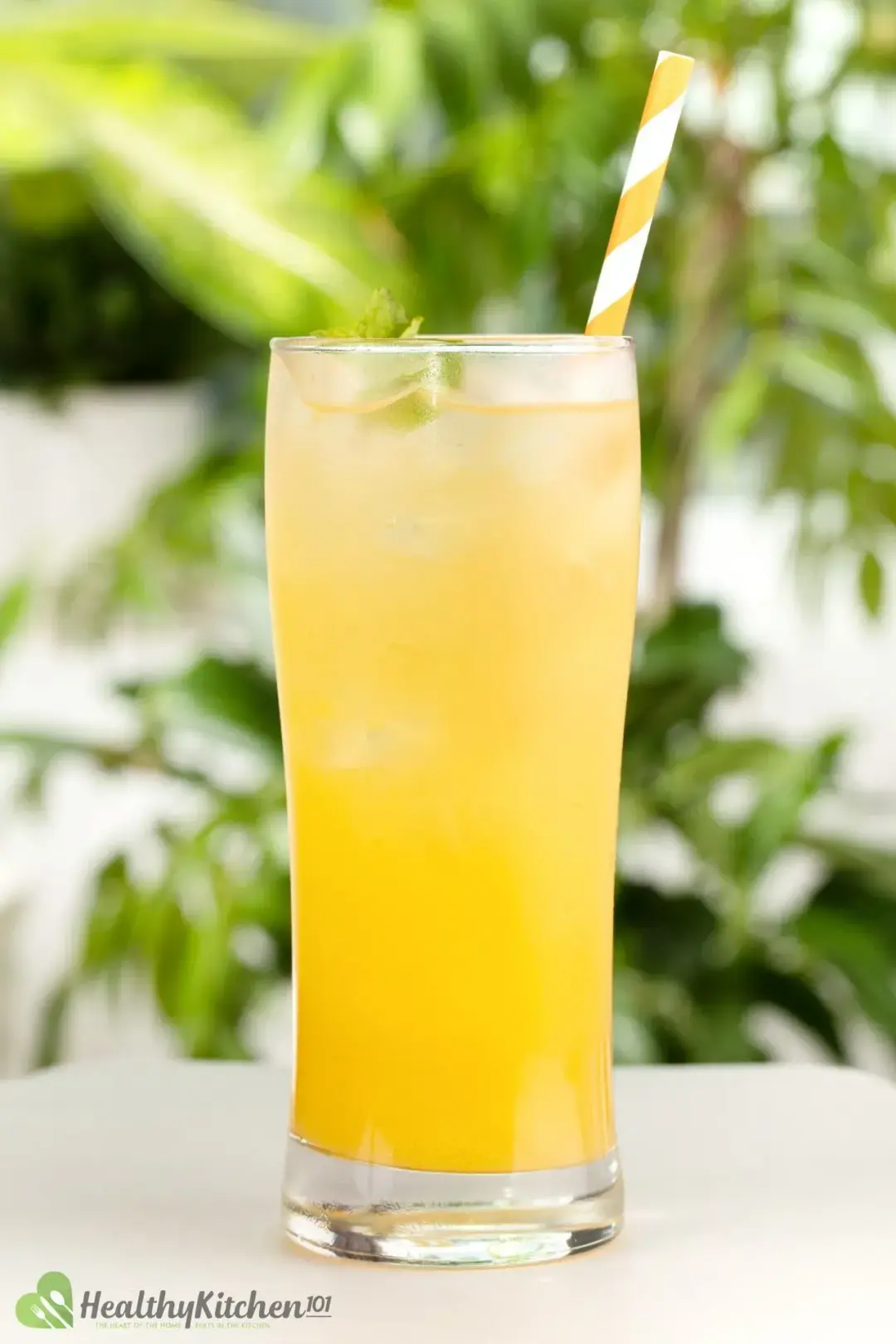 An iced tall glass of orange and ginger ale cocktail with a straw dunked in, in front of greeneries