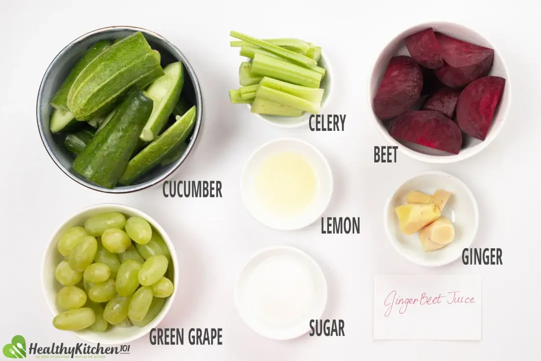 Ingredients in separate bowls: quartered cucumbers, celery stalks, quartered beetroots, green grapes, sugar, and peeled ginger