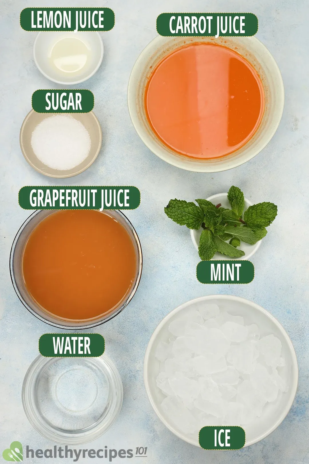ingredient in bowls for grapefruit carrot juice