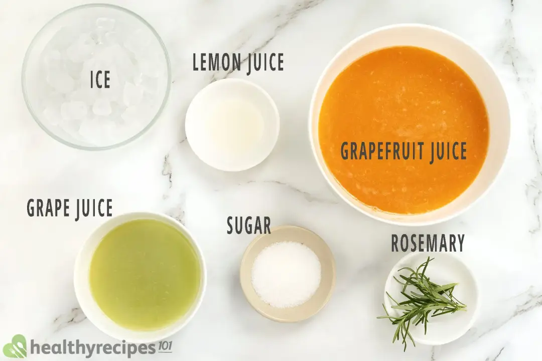Ingredients in separate bowls: grapefruit juice, lemon juice, ice nuggets, grape juice, sugar, and rosemary sprigs