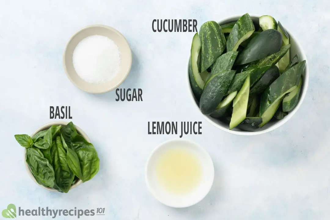 Ingredients in separate bowls: thick slices of cucumber, sugar, mints, and lemon juice