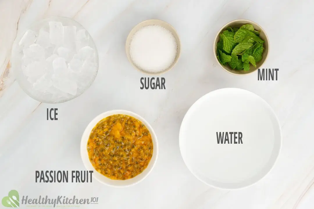 Ingredients in separate bowls: ice nuggets, passion fruit pulps, water, mint leaves, and granulated sugar