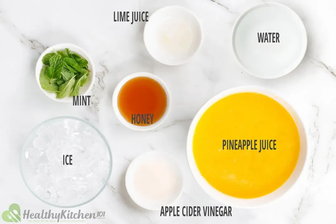 Ingredients: pineapple juice, water, apple cider vinegar, honey, lime juice, ice nuggets, and mints in separate bowls