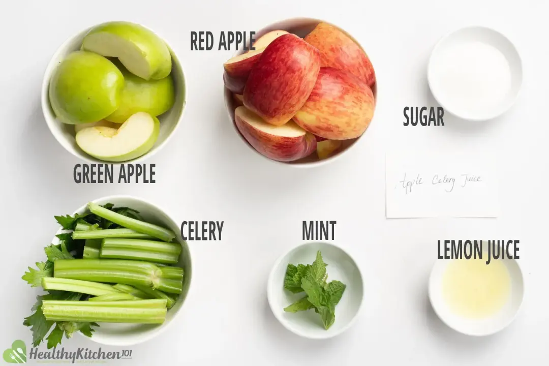 Bowls of ingredients: green apple wedges, red apple wedges, sugar, celery stalks, mint leaves, lemon juice