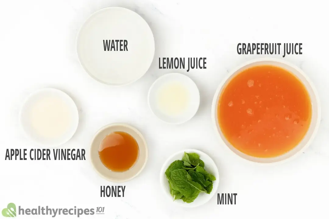 Ingredients in separate bowls: grapefruit juice, water, lemon juice, mints, honey, and apple cider vinegar