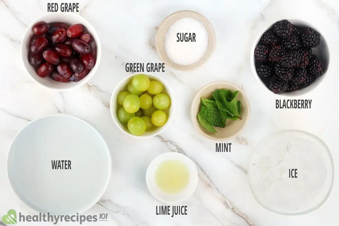 Ingredients: blackberries, red grapes, green grapes, ice nuggets, mints, water, and lime juice