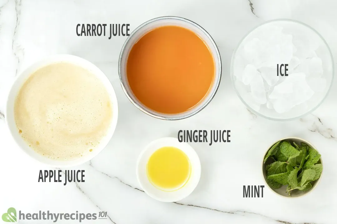 Ingredients in separate bowls: Carrot juice, Apple juice, Ginger juice, ice nuggets, and mint leaves