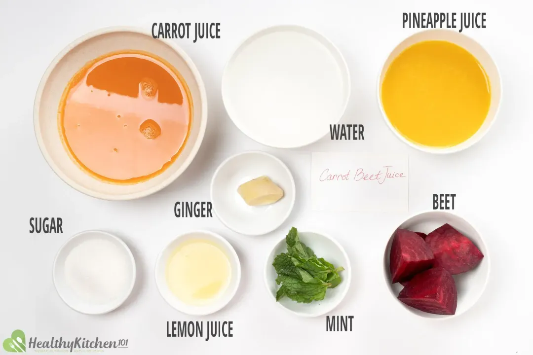 Ingredients: carrot juice, pineapple juice, cut-up beets, water, peeled ginger knob, and mints in separate bowls