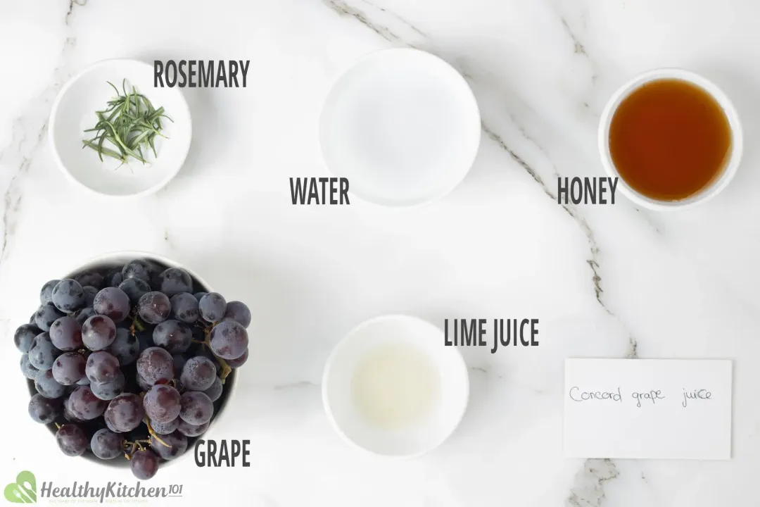 Ingredients: some grapes, rosemary, water, lime juice, and honey in separate bowls