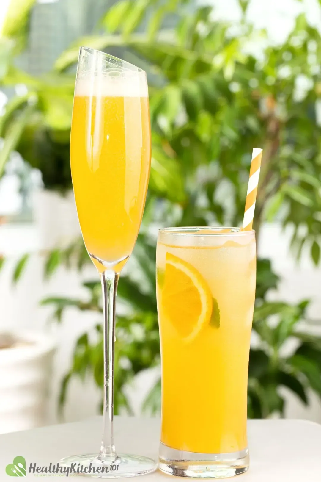 A flute glass and a tall glass of orange ginger ale cocktail put in front of greeneries