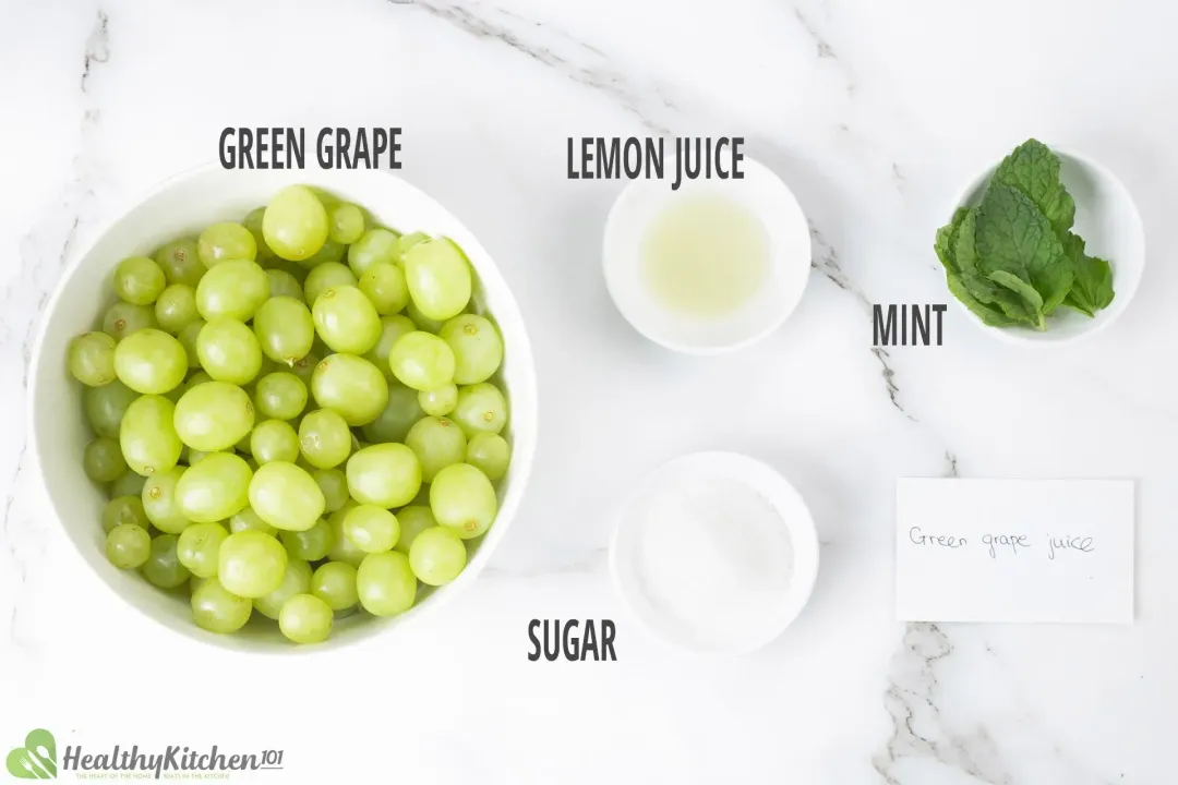 Ingredients for this green grape juice: green grapes, lemon juice, mint leaves, and sugar