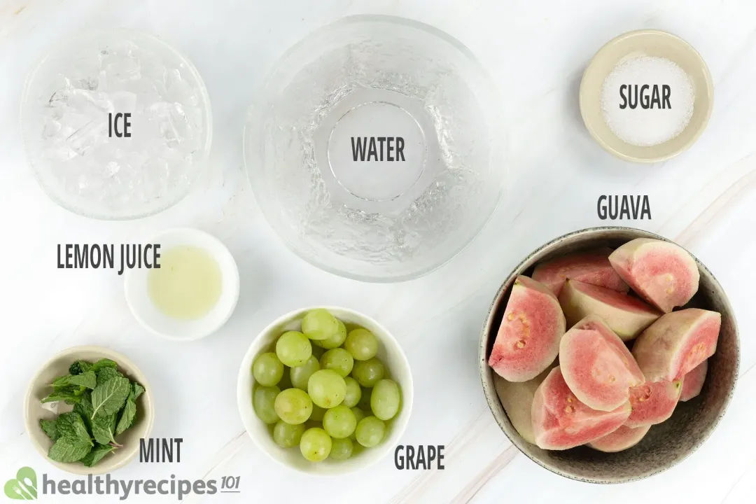 Ingredients for guava juice, including bowls of sliced guavas, green grapes, mint leaves, lemon juice, water, sugar, and ice