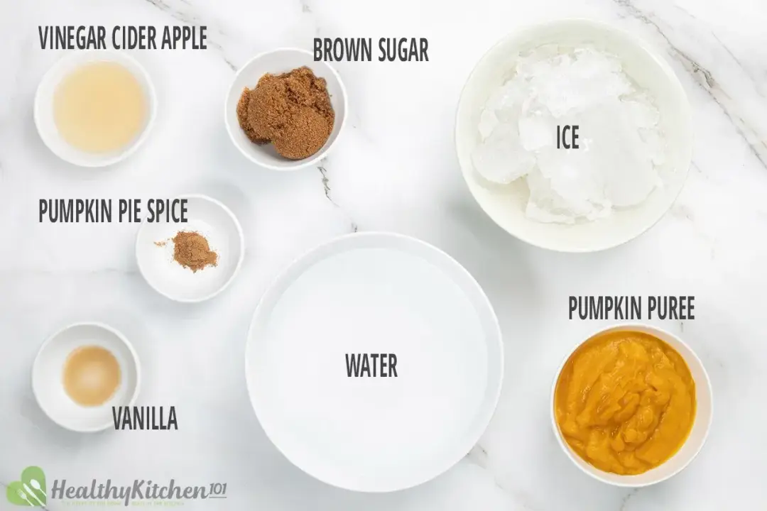 Ingredients of the juice: ice, water, pumpkin puree, apple cider vinegar, brown sugar, pumpkin spice, and vanilla extract