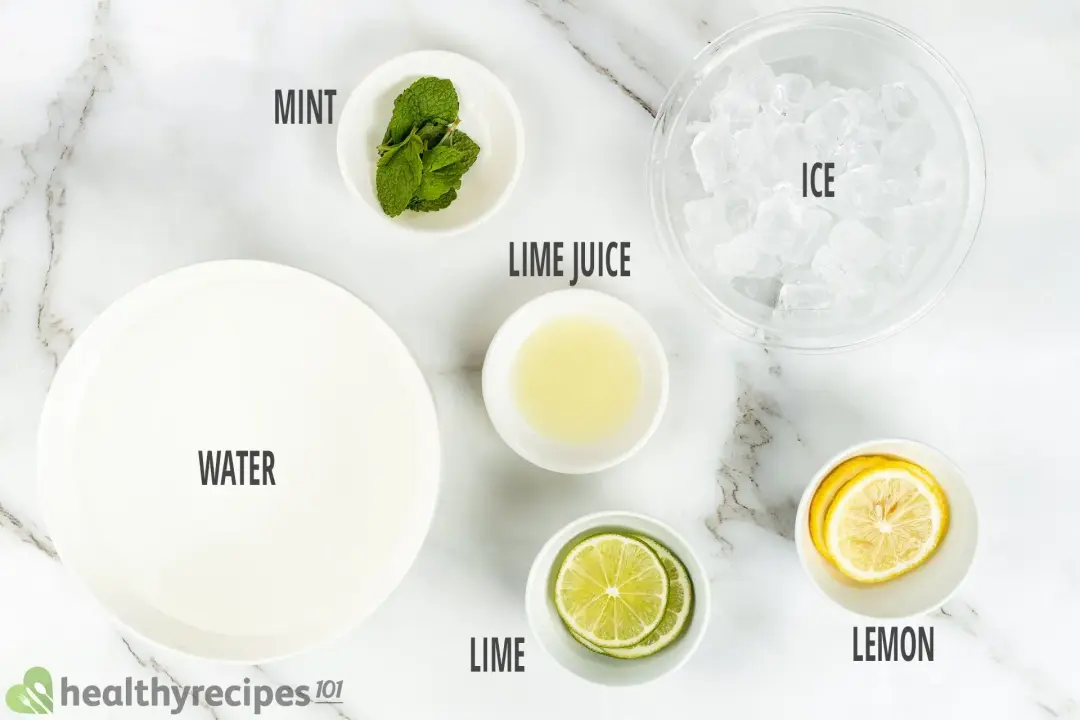 Ingredients in separate bowls: water, ice nuggets, mint leaves, lime juice, lime wheels, and lemon wheels