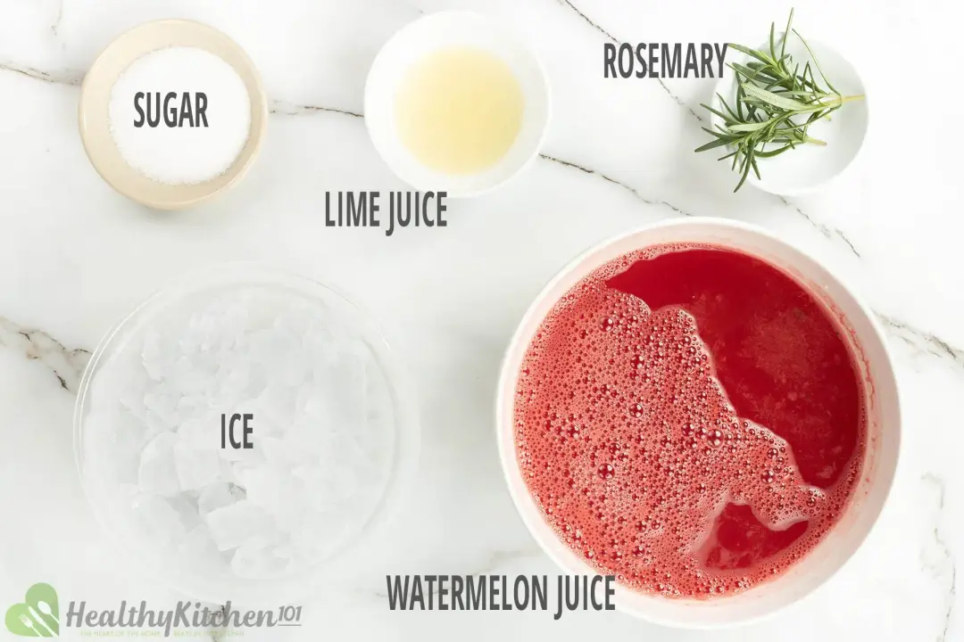 Sugar, lime juice, rosemary sprigs, ice nuggets, and foamy watermelon juice held in separate bowls