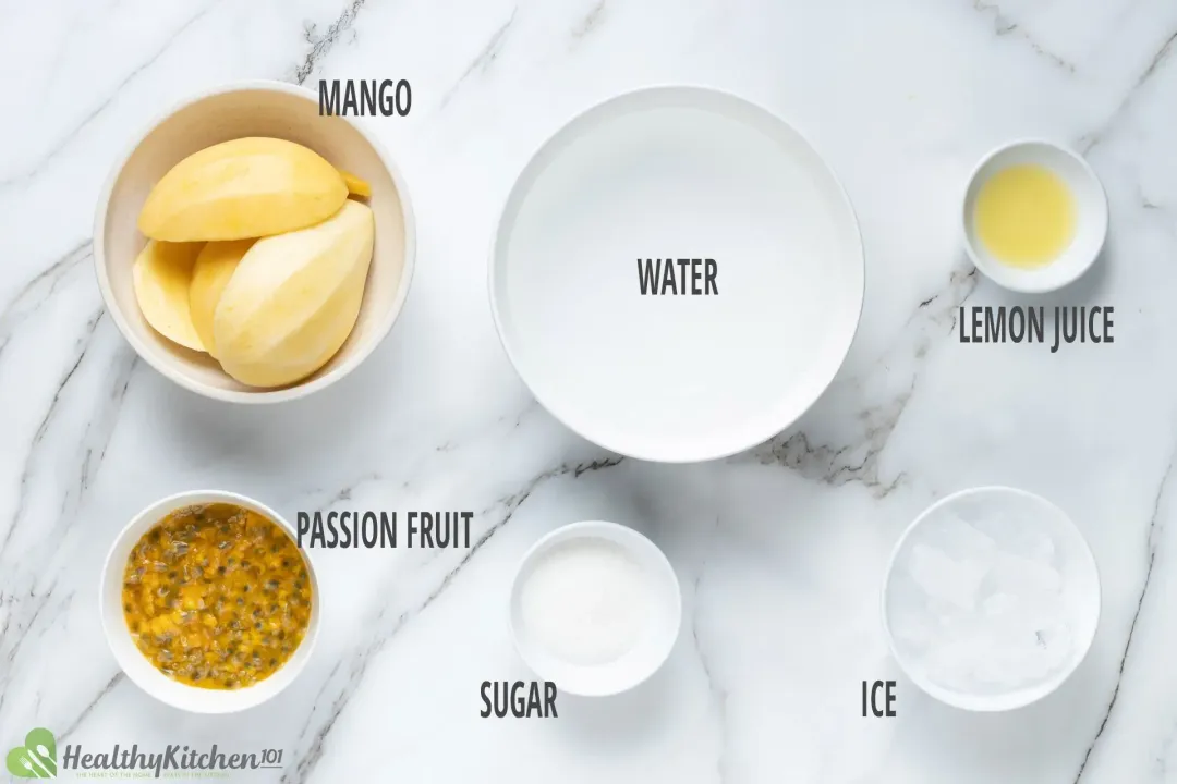 Ingredients in separate bowls: mango pieces, water, lemon juice, passion fruit pulp and seeds, sugar, and ice nuggets