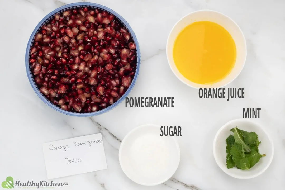 Ingredients: pomegranate jewels, orange juice, sugar, and mint leaves all put in separate bowls
