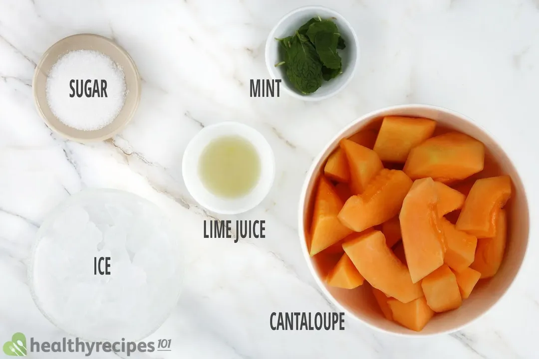 Ingredients in separate bowls: cantaloupe wedges, mints, lime juice, sugar, and ice nuggets