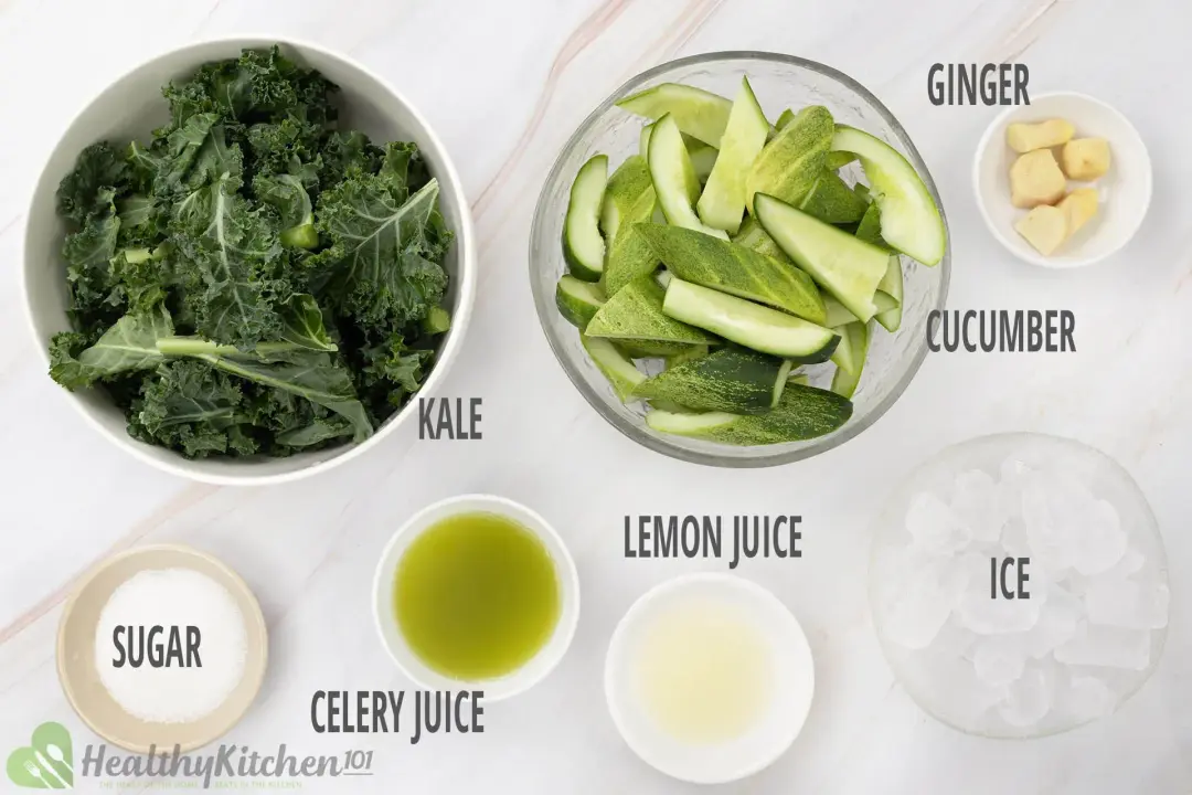 Ingredients in separate bowls: kale leaves, chunked cucumbers, peeled ginger knobs, ice nuggets, lemon juice, green celery juice, and sugar