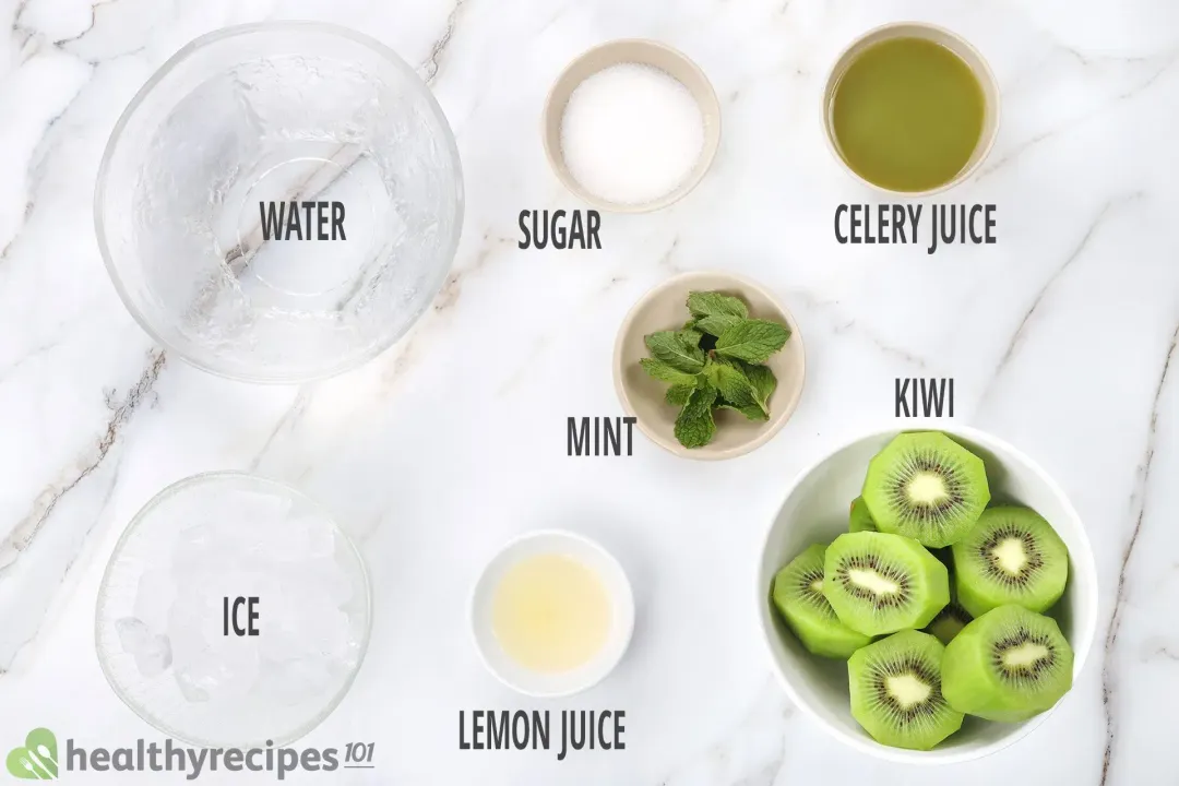 Ingredients in different bowls: water, granulated sugar, celery juice, peeled and halved kiwis, mints, lemon juice, and ice nuggets