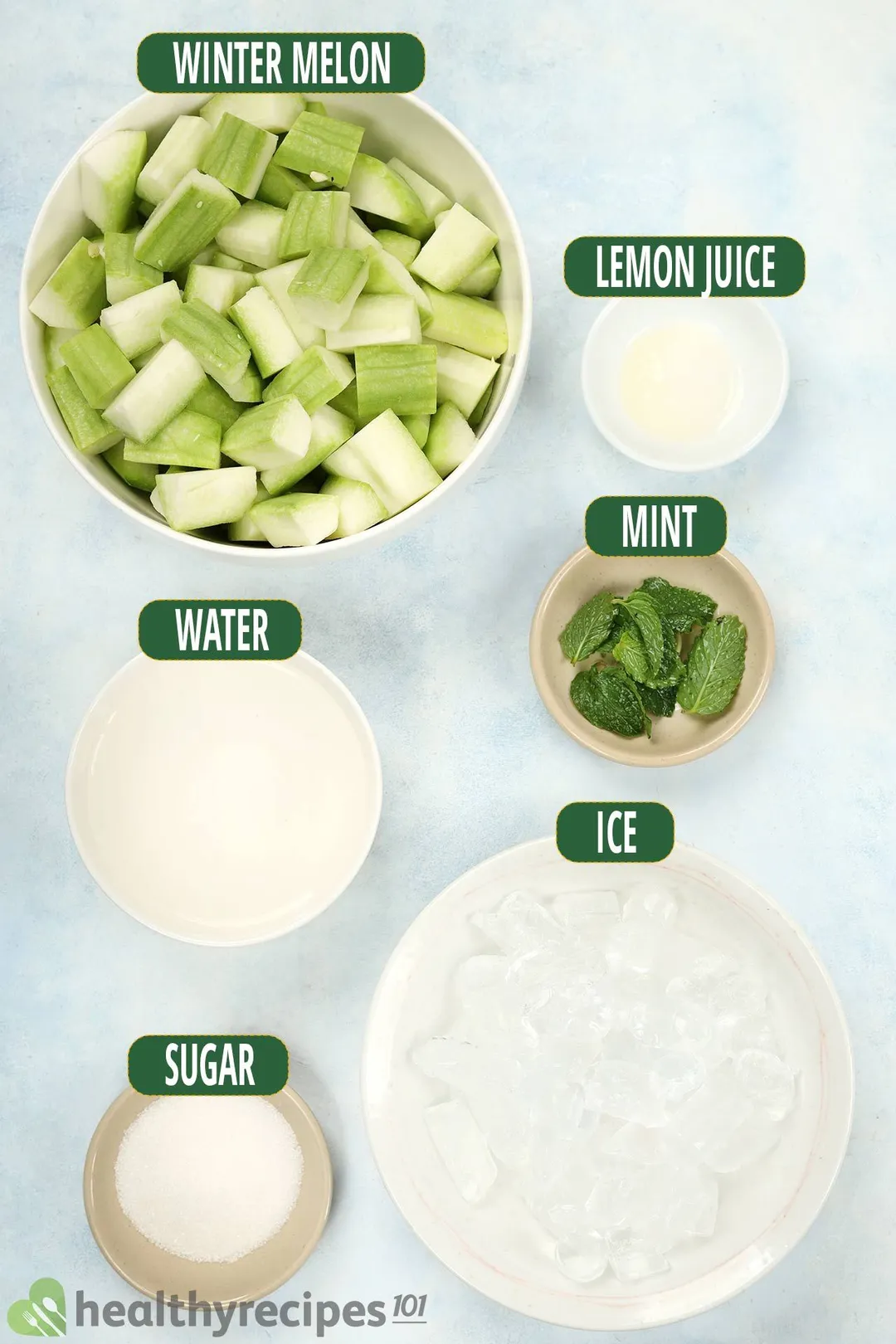Ingredients for winter melon juice, including winter melon cubes, water, mint leaves, ice, lemon juice, and sugar.