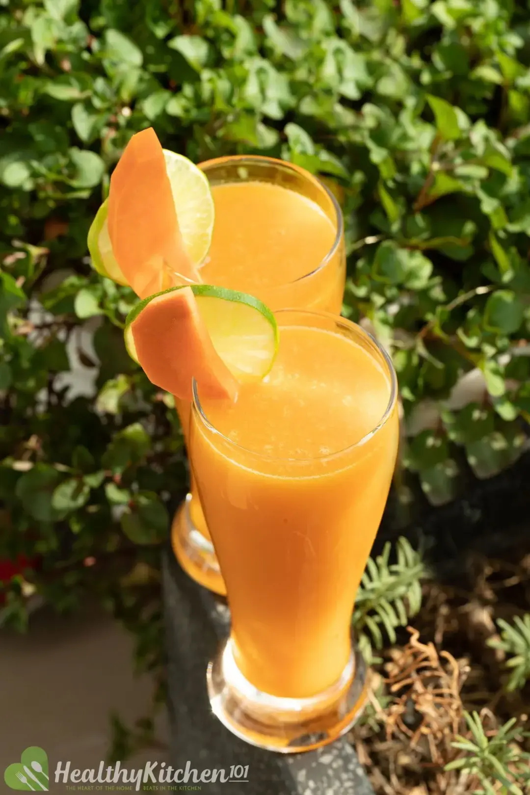 Two glasses of a milky carrot mango drink garnished with lime wheels and put on grass