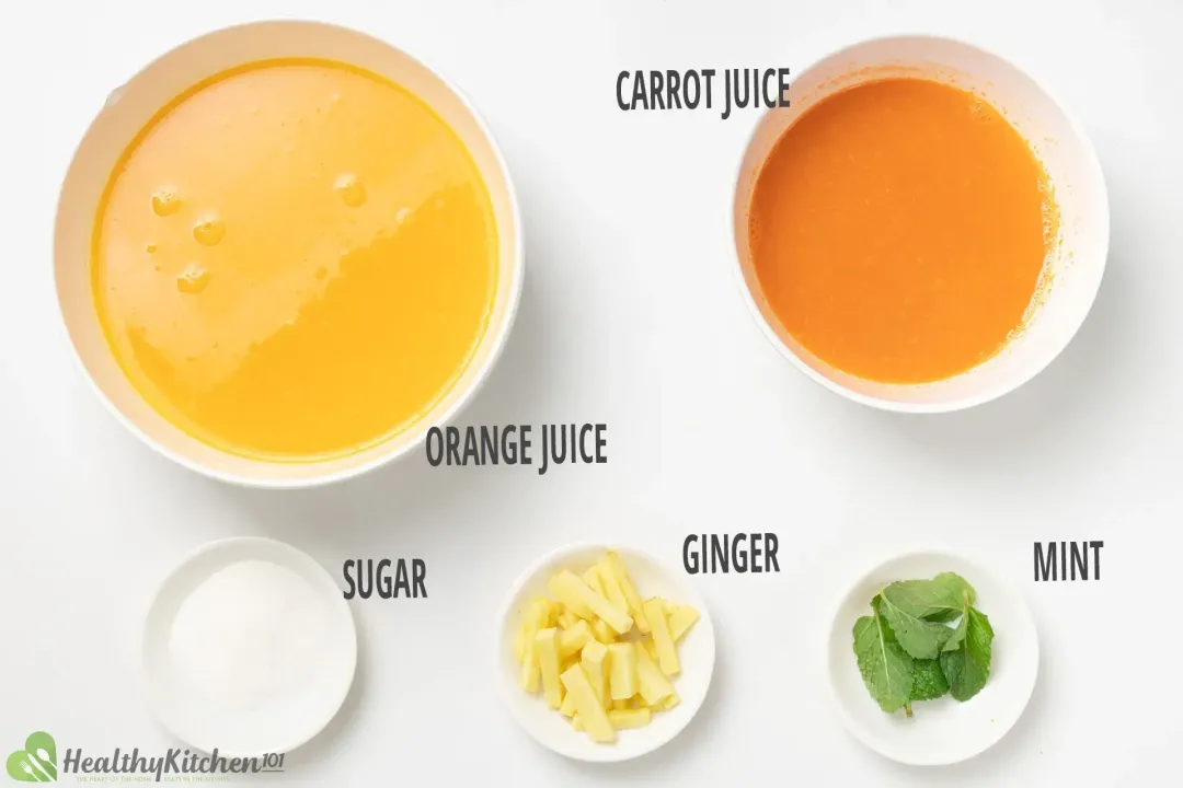 Ingredients in separate bowls: orange juice, carrot juice, sliced ginger, mints, and sugar