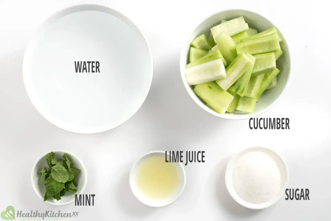 Ingredients in separate bowls: water, cucumber, minced leaves, lime juice, and sugar