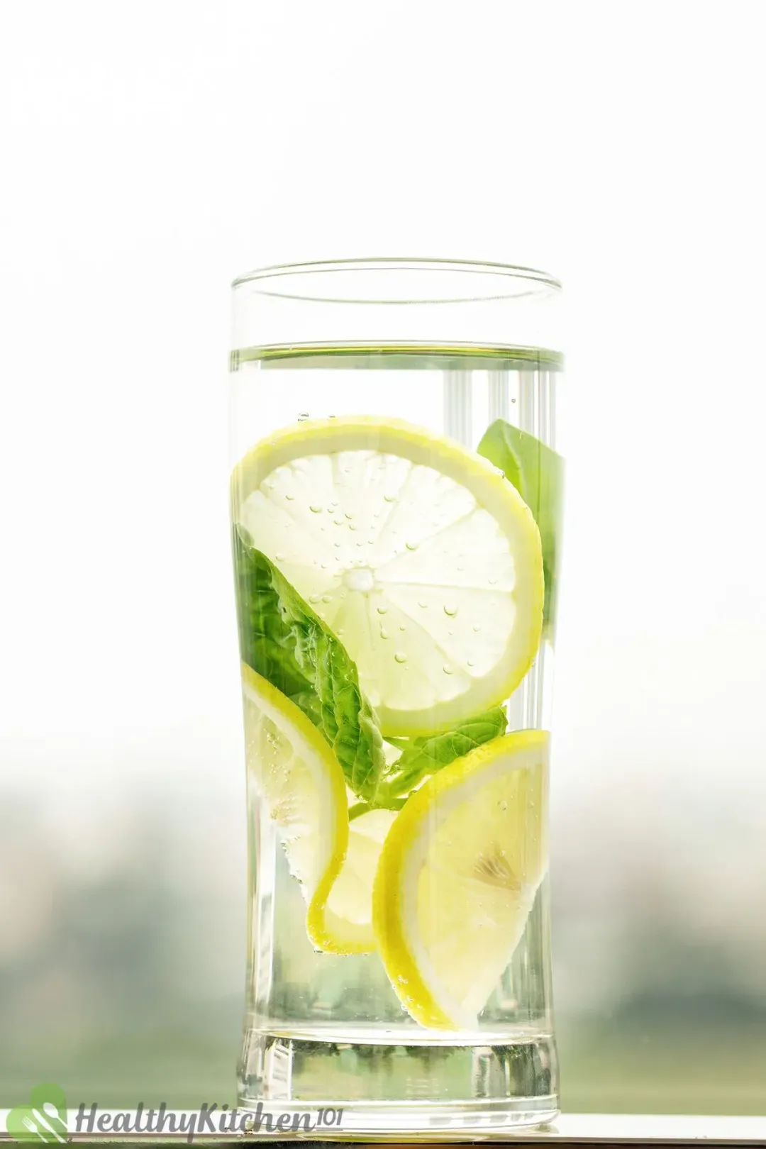 A glass of basil and lemon wheels submerged in clear water