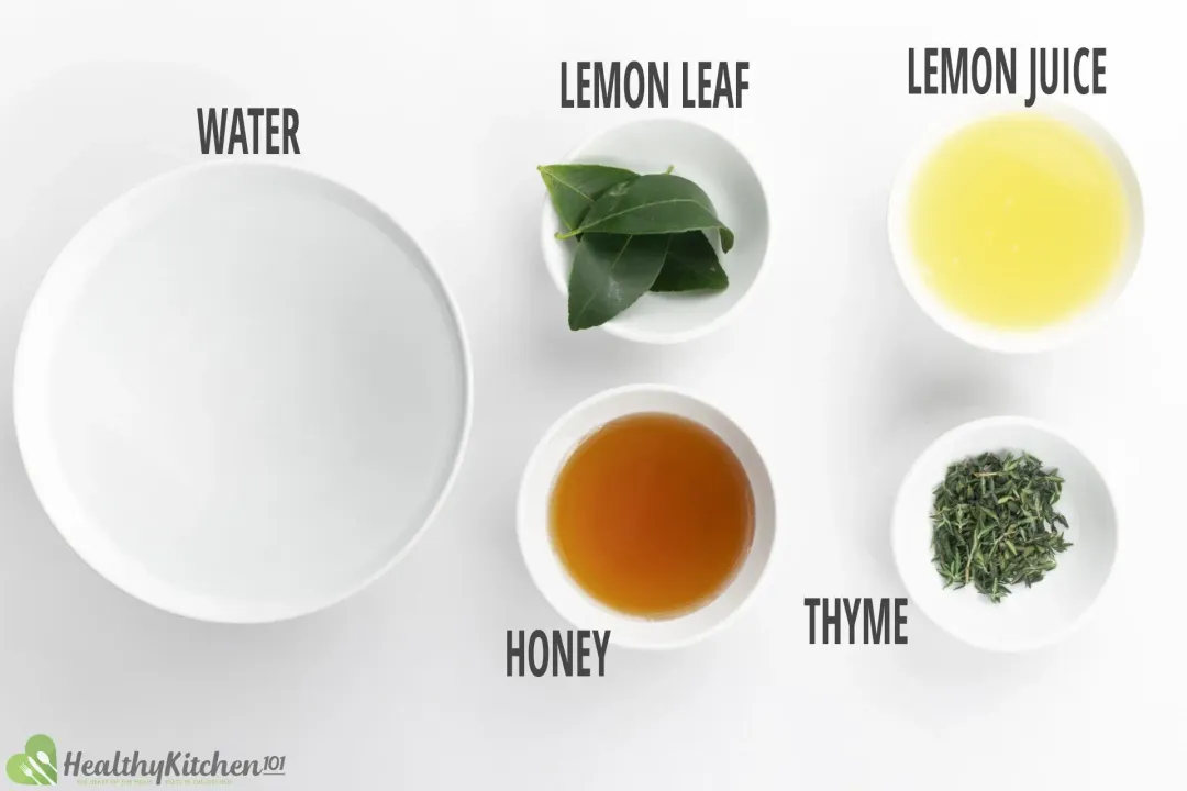 Ingredients: water, lemon leaves, lemon juice, honey, and chopped thyme in separate bowls