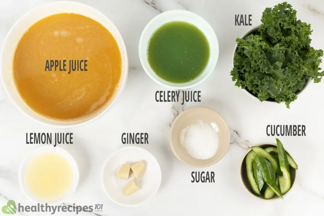 ingredients Apple juice, celery juice, kale, lemon juice, peeled ginger knobs, sugar, and sliced cucumber put in separate bowls