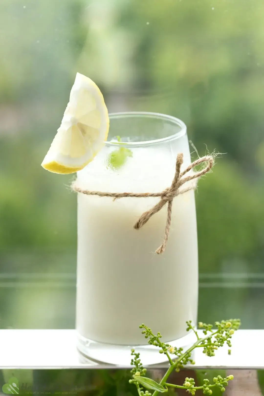 A glass of iced milk and lemon juice, garnished with lemons and mints and tied with a kitchen string