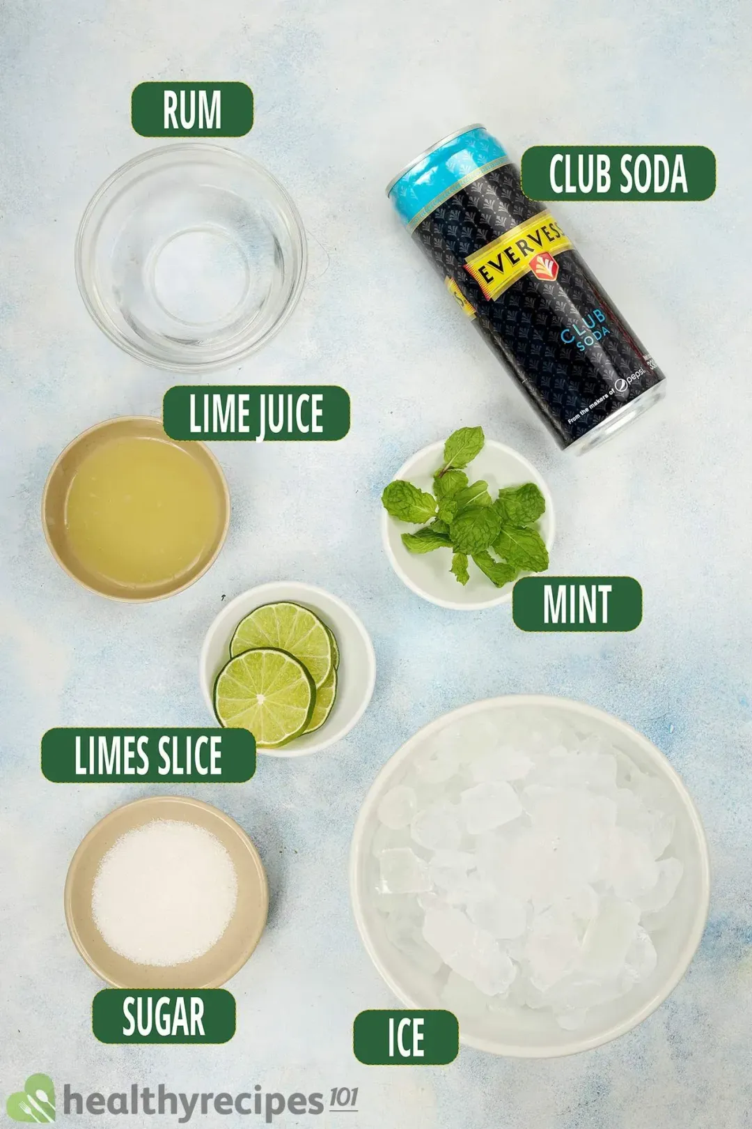 Ingredients in separate bowls: rum, lime juice, lime wheels, sugar, ice nuggets, mints ,and a can of