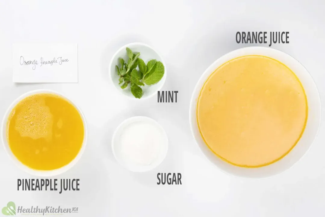 Ingredients in separate bowls: orange juice, mint leaves, sugar, pineapple juice, and pineapple juice