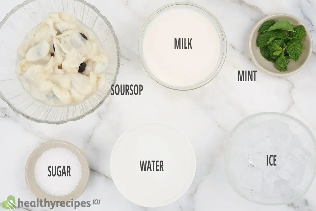 Ingredients in bowls: soursop meat with seeds, milk, mints, sugar, water, and ice nuggets