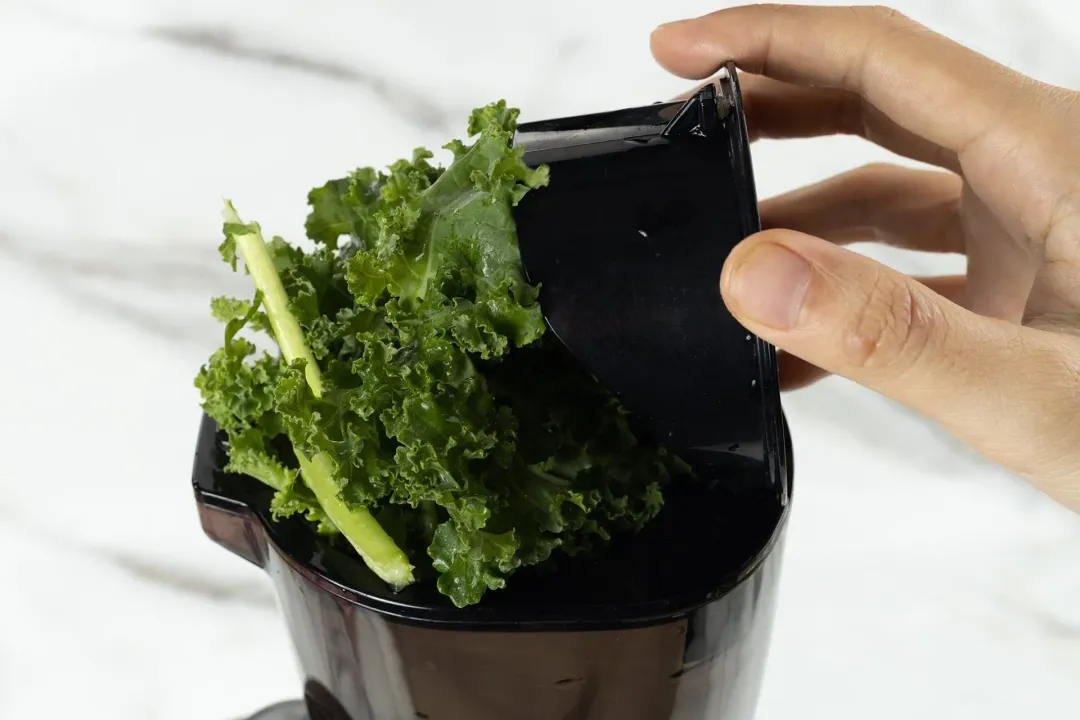 Kale, celery, sliced ginger, and cucumber in the juicer, about to be processed