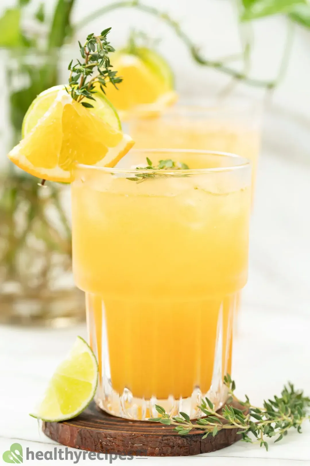 An iced glass of grapefruit juice and gin garnished with citrus slices, and thyme sprigs