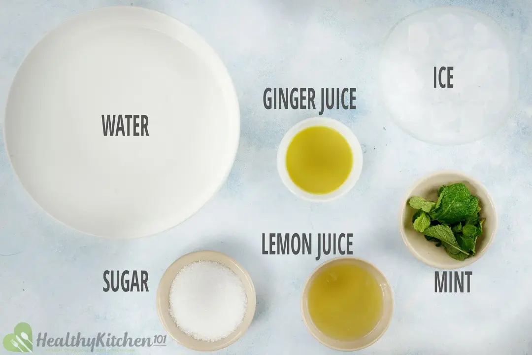 Ingredients in separate bowls: water, ginger juice, ice nuggets, sugar, lemon juice, and mint leaves