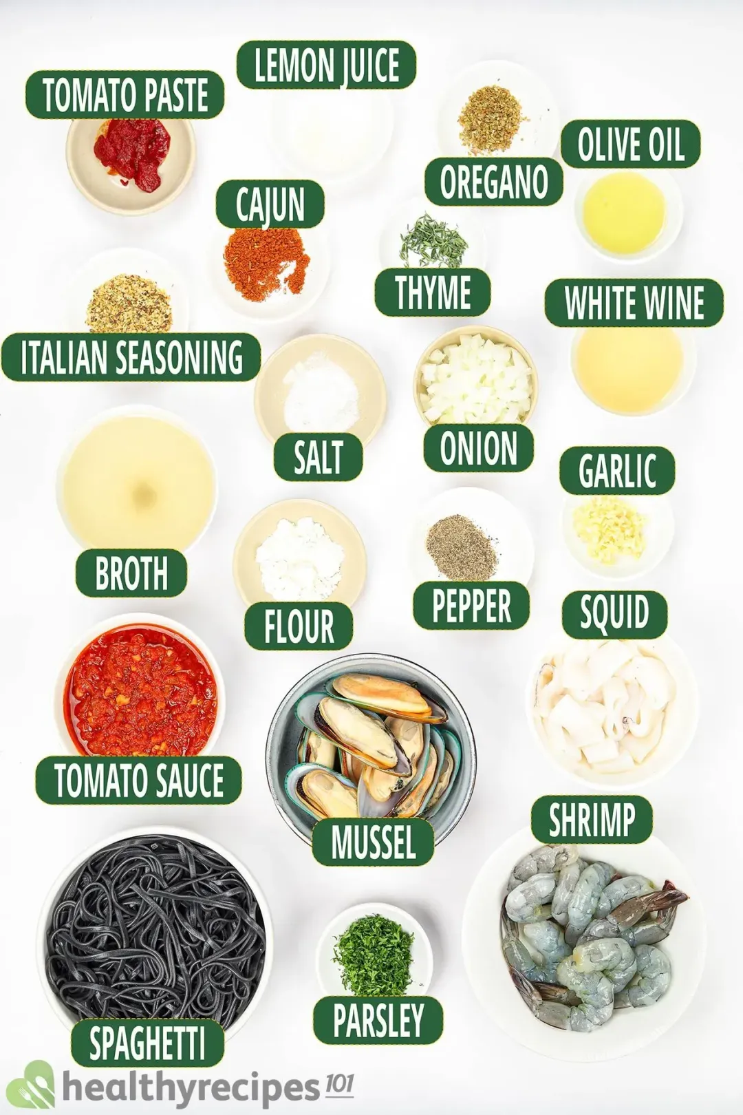 Ingredients for Squid Ink Seafood Pasta