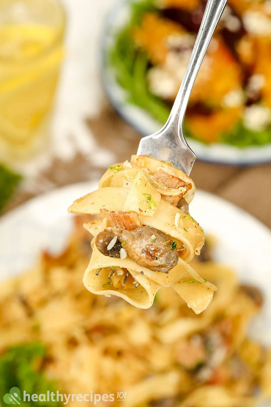 a fork of mushroom pasta