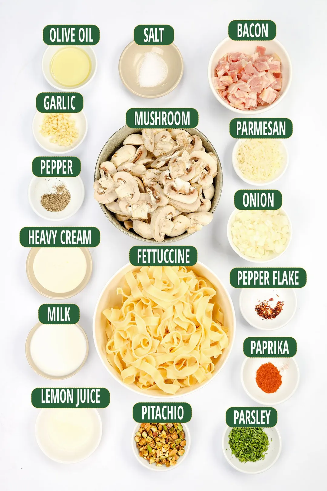 ingredient bowls for mushroom pasta