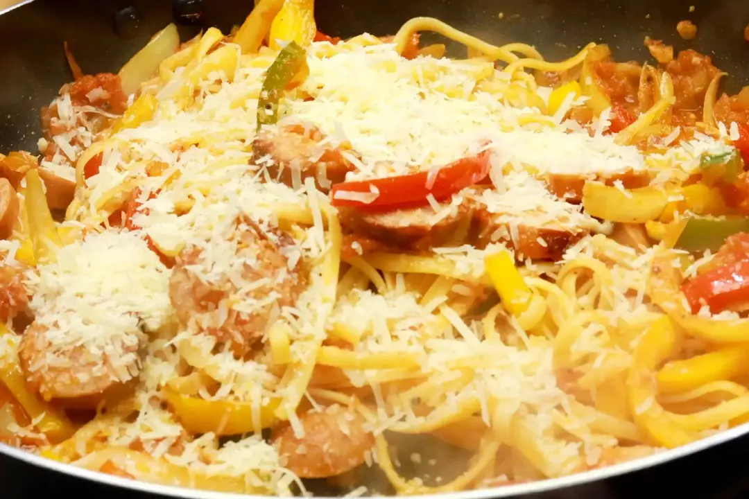 5 Add sausage and pasta to the pan