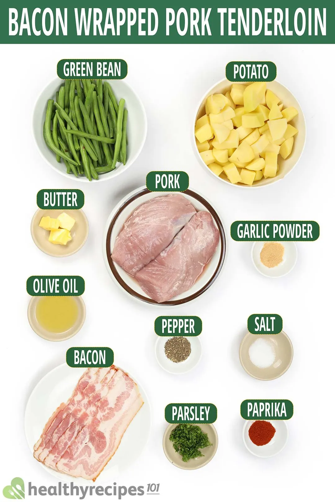 ingredient bowls for bacon wrapped pork tenderloin with potato, green bean and seasoning