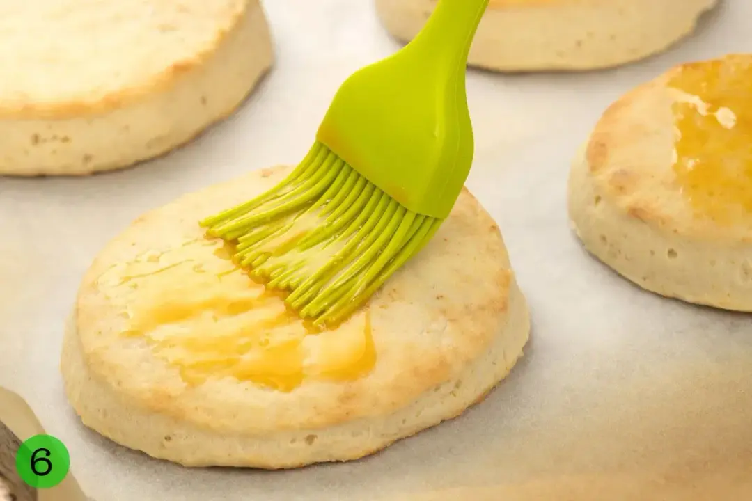 Baked circular biscuits brushed with egg wash by a green brush