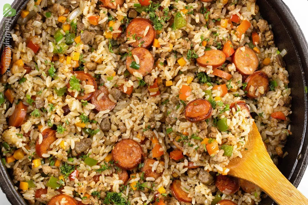 a skillet of cooked cajun dirty rice