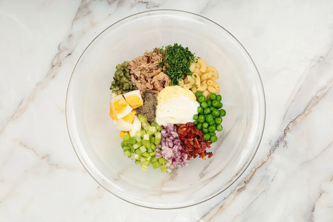 salad ingredients in a glass bowl